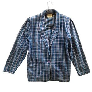Vintage Plaid Blazer 80s Academia Preppy Jacket Cotton Petites Blue Oversized M